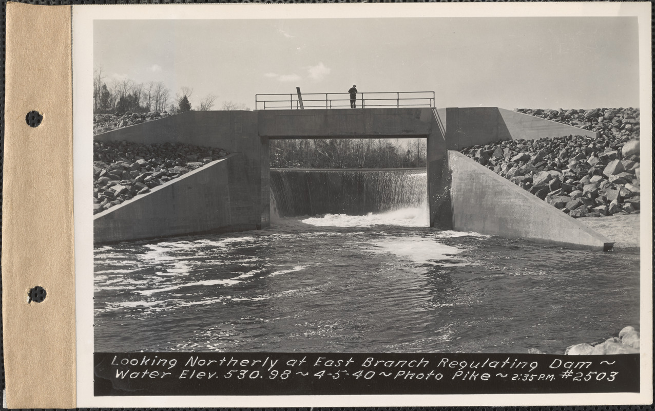 Looking northerly at East Branch regulating dam, water elevation 530.98, Quabbin Reservoir, Mass., 2:35 PM, Apr. 5, 1940