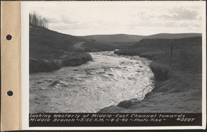 Looking westerly at channel between Middle Branch and East Branch of Swift River towards Middle Branch, Quabbin Reservoir, Mass., 3:55 PM, Apr. 5, 1940