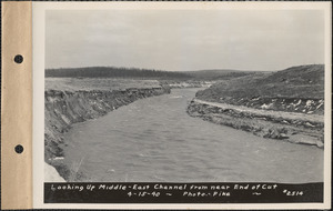 Looking up channel between Middle Branch and East Branch of Swift River from near end of cut, Quabbin Reservoir, Mass., Apr. 15, 1940