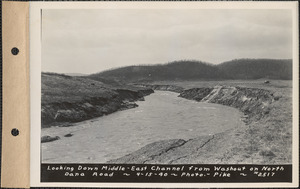 Looking down channel between Middle Branch and East Branch of Swift River from washout on North Dana Road, Quabbin Reservoir, Mass., Apr. 15, 1940