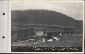 Looking westerly at bridge over the channel between Middle Branch and East Branch of Swift River, Quabbin Reservoir, Mass., Apr. 15, 1940