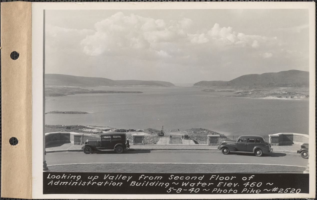 Looking up valley from second floor of Administration Building, water elevation 460, Quabbin Reservoir, Mass., May 8, 1940