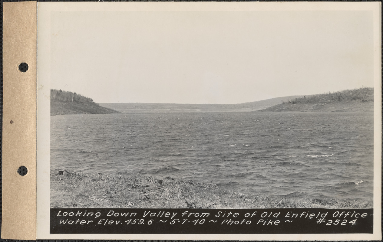 Looking down valley from site of old Enfield office, water elevation 459.6, Quabbin Reservoir, Mass., May 7, 1940