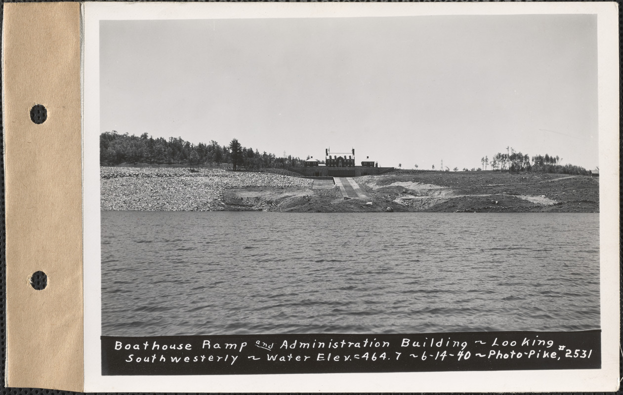Boathouse ramp and Administration Building, looking southwesterly, Belchertown, Mass., June 14, 1940