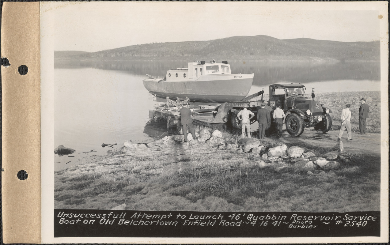 Unsuccessful attempt to launch 46-foot Quabbin Reservoir service boat on old Belchertown-Enfield Road, Quabbin Reservoir, Mass., Apr. 16, 1941