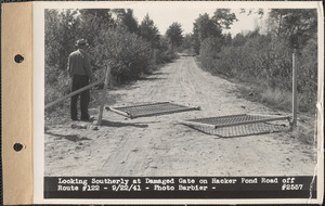 Looking southerly at damaged gate on Hacker Pond Road off Route #122, Quabbin Reservoir, Mass., Sep. 22, 1941