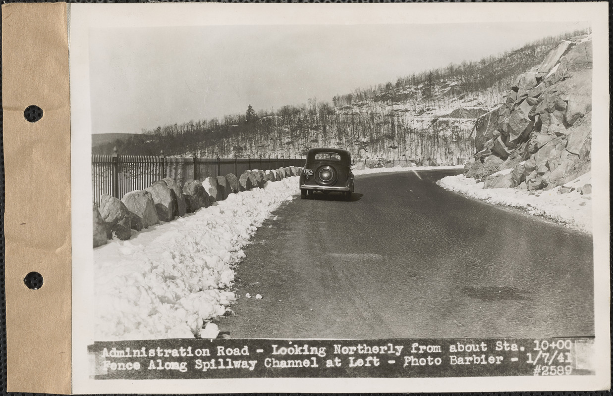 Administration Road, looking northerly from about station 10+00, fence along spillway channel at left, Belchertown, Mass., Jan. 7, 1941