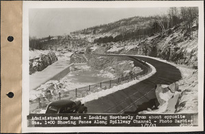 Administration Road, looking northerly from about opposite station 1+00, showing fence along spillway channel, Belchertown, Mass., Jan. 7, 1941