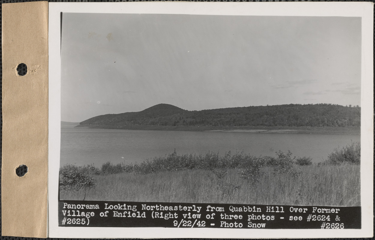 Panorama looking northeasterly from Quabbin Hill over former village of Enfield (right view of three photos), see photos #2624 and #2625, Quabbin Reservoir, Mass., Sep. 22, 1942