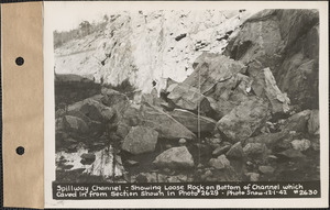 Spillway channel showing loose rock on bottom of channel which caved in from section shown in photo #2629, Quabbin Reservoir, Mass., Dec. 1, 1942