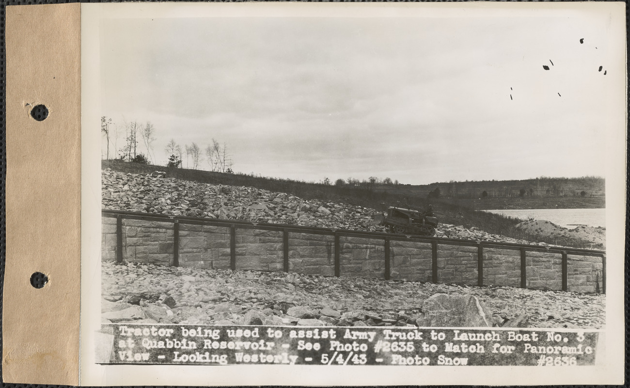 Tractor being used to assist army truck to launch boat 3 at Quabbin