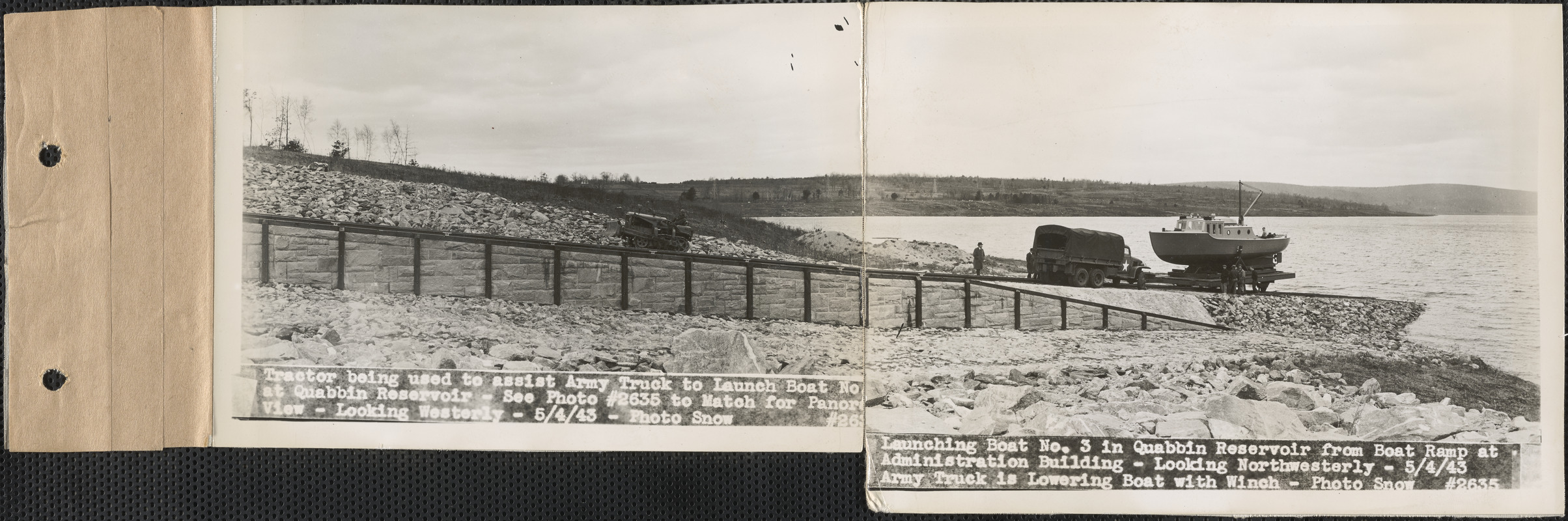Panorama of tractor being used to assist army truck to launch boat #3 at Quabbin Reservoir, Quabbin Reservoir, Mass., May 4, 1943
