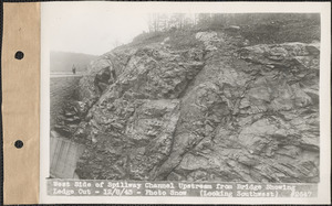 West side of spillway channel upstream from bridge showing ledge cut, looking southwest, Quabbin Reservoir, Mass., Dec. 8, 1943