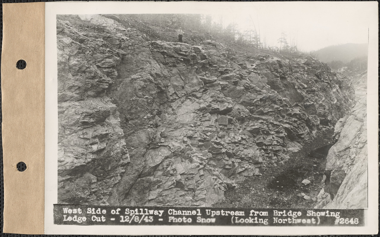 West side of spillway channel upstream from bridge showing ledge cut ...