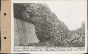 West side of spillway channel upstream from under spillway bridge showing ledge cut, Quabbin Reservoir, Mass., Dec. 8, 1943