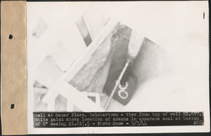 Well at Sauer Place, Belchertown, Mass., view of top of well elevation 637.3. White paint shows location of cracks in concrete seal at bottom of 8" casing elevation 617.5, Sep. 7, 1944