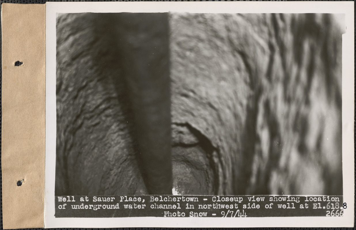 Well at Sauer Place, Belchertown, Mass., close-up view showing location of underground water channel in northwest side of well at elevation 618.8, Sep. 7, 1944