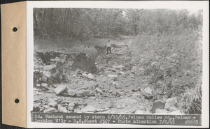 Road washout caused by storm June 15, 1945, Pelham Hollow Road, looking westerly, Pelham, Mass., July 2, 1945