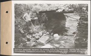 Bridge washout caused by storm June 15, 1945, Prescott Brook, looking northerly, New Salem (formerly Prescott), Mass., July 2, 1945