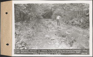 Road washout caused by storm June 15, 1945, Atkinson Hollow, North Prescott Road, looking westerly, New Salem (formerly Prescott), Mass., July 2, 1945