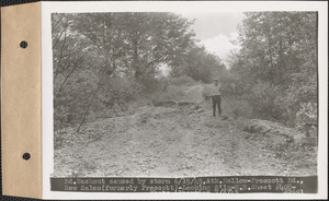 Road washout caused by storm June 15, 1945, Atkinson Hollow, Prescott Road, looking southerly, New Salem (formerly Prescott), Mass., July 3, 1945