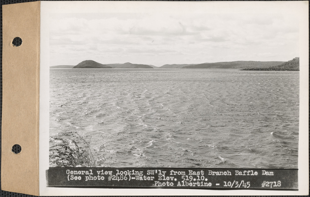 General view looking southwesterly from East Branch baffle dam, water elevation 519.10, Quabbin Reservoir, Mass., Oct. 3, 1945