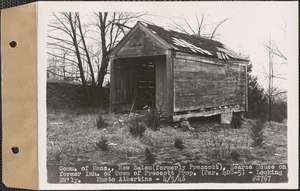 Commonwealth of Massachusetts, hearse house on former Inhabitants of Town of Prescott property, looking northwesterly, New Salem (formerly Prescott), Mass., Apr. 5, 1946