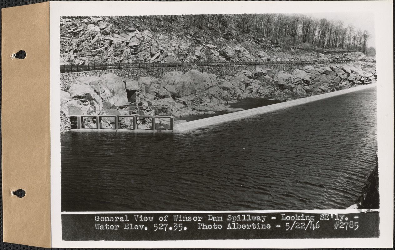 General view of Winsor Dam Spillway, looking southeasterly, water elevation 527.35, Quabbin Reservoir, Mass., May 22, 1946