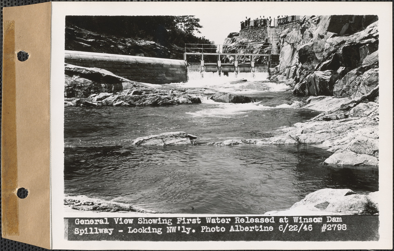 General view showing first water released at Winsor Dam Spillway, looking northwesterly, Quabbin Reservoir, Mass., June 22, 1946