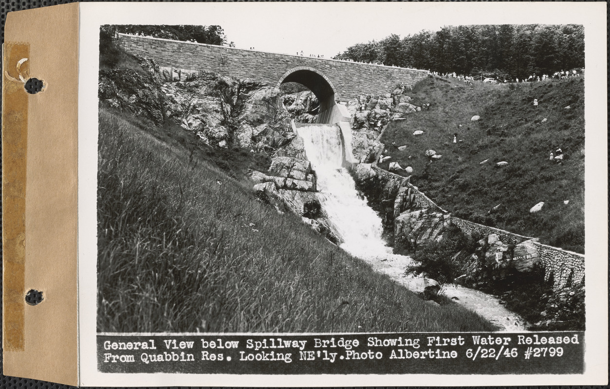 General view below spillway bridge showing first water released from Quabbin Reservoir, looking northeasterly, Quabbin Reservoir, Mass., June 22, 1946