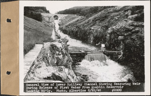 General view of lower spillway channel showing measuring weir during release of first water from Quabbin Reservoir, looking northeasterly, Quabbin Reservoir, Mass., June 22, 1946