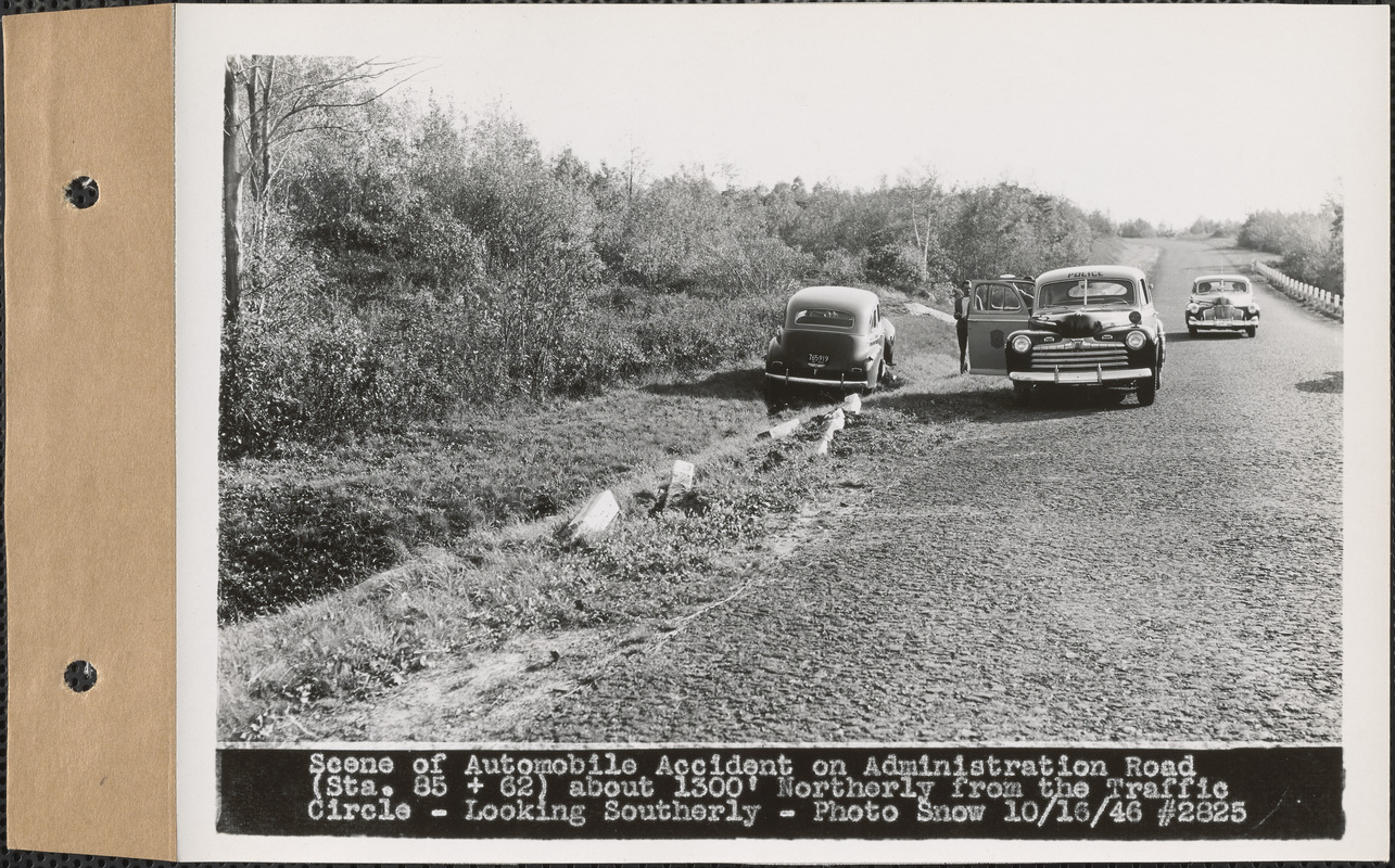 Scene of automobile accident on Administration Road (station 85+62) about 1300' northerly from the traffic circle, looking southerly, Quabbin Reservoir, Mass., Oct. 16, 1946