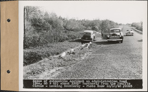 Scene of automobile accident on Administration Road (station 85+62) about 1300' northerly from the traffic circle, looking southerly, Quabbin Reservoir, Mass., Oct. 16, 1946