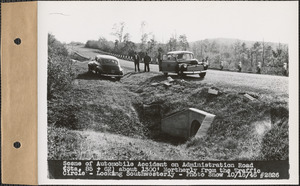 Scene of automobile accident on Administration Road (station 85+62) about 1300' northerly from the traffic circle, looking southwesterly, Quabbin Reservoir, Mass., Oct. 16, 1946