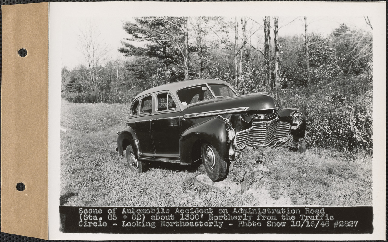 Scene of automobile accident on Administration Road (station 85+62) about 1300' northerly from the traffic circle, looking northeasterly, Quabbin Reservoir, Mass., Oct. 16, 1946