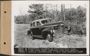 Scene of automobile accident on Administration Road (station 85+62) about 1300' northerly from the traffic circle, looking northeasterly, Quabbin Reservoir, Mass., Oct. 16, 1946