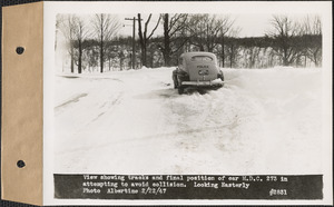View showing tracks and final position of car M.D.C. 273 in attempting to avoid collision, looking easterly, Belchertown or Ware, Mass., Feb. 22, 1947