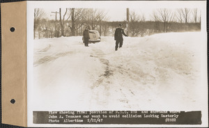 View showing final position of M.D.C. 273 and snowbank where John A. Tenanes' car went to avoid collision, looking easterly, Belchertown or Ware, Mass., Feb. 22, 1947