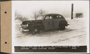View of left side of car M.D.C. 273 showing damage at scene of accident, Belchertown or Ware, Mass., Feb. 22, 1947