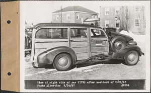 View of right side of car S1730 after accident of Feb. 23, 1947, Quabbin Administration Building, Belchertown, Mass., Feb. 24, 1947