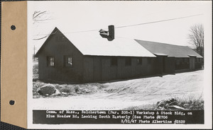 Commonwealth of Massachusetts, workshop and stock building on Blue Meadow Road, looking southeasterly, Belchertown, Mass., Mar. 31, 1947