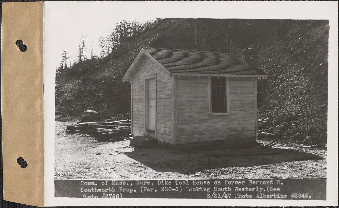 Commonwealth of Massachusetts, dike tool house on former Bernard W. Southworth property, looking southwesterly, Ware, Mass., Mar. 31, 1947