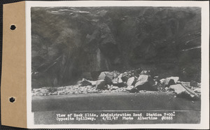 View of rock slide, Administration Road, station 7+00, opposite spillway, Quabbin Reservoir, Mass., Apr. 21, 1947