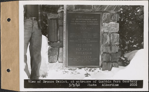 View of bronze tablet at entrance of Quabbin Park Cemetery, Ware, Mass., Mar. 9, 1948