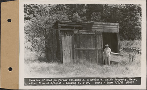 Remains of shed on former Stillman A. and Evelyn W. Smith property, after fire on June 24, 1948, looking northeasterly, Ware, Mass., July 2, 1948