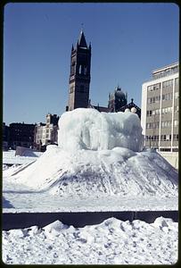 Frozen fountain, Copley Square, Old South Church in background