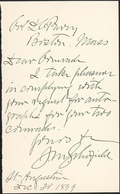 Letter from John McAllister Schofield, St. Augustine, to Darwin C. Pavey, Boston, Mass., 1899 December 20