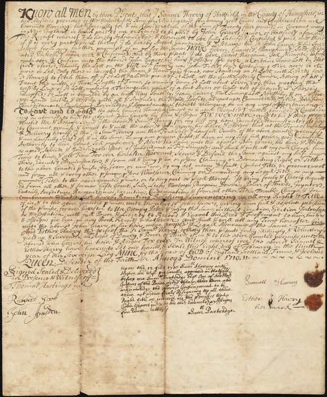 Deed, loose, Samuel Harvey to John Graves, 12 February 1710