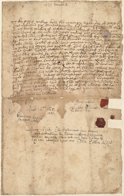 Deed, Thomas Makins and wife Elizabeth to John Cowles, March 8, 1677