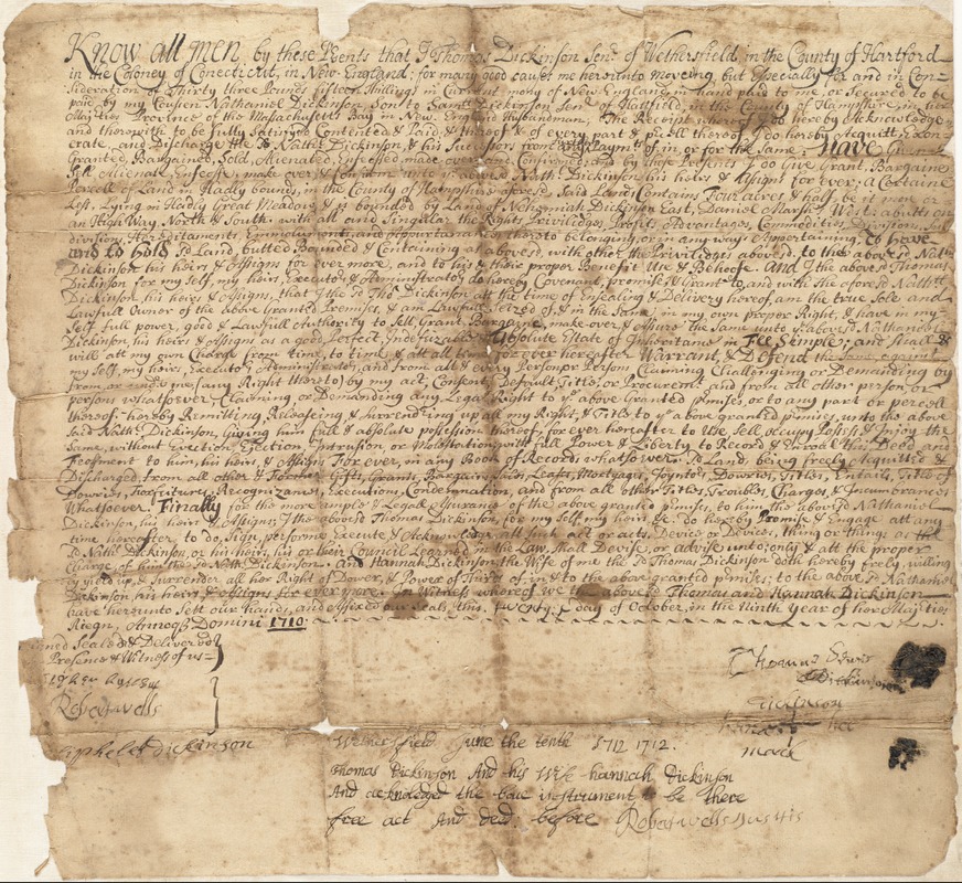 Deed, Thomas Dickinson of Wethersfield, Conecticut [sic], to Nathaniel Dickinson, 1710